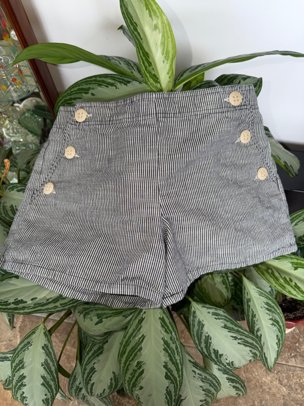Trina Turk Black and White Pinstripe Button-Accent Shorts